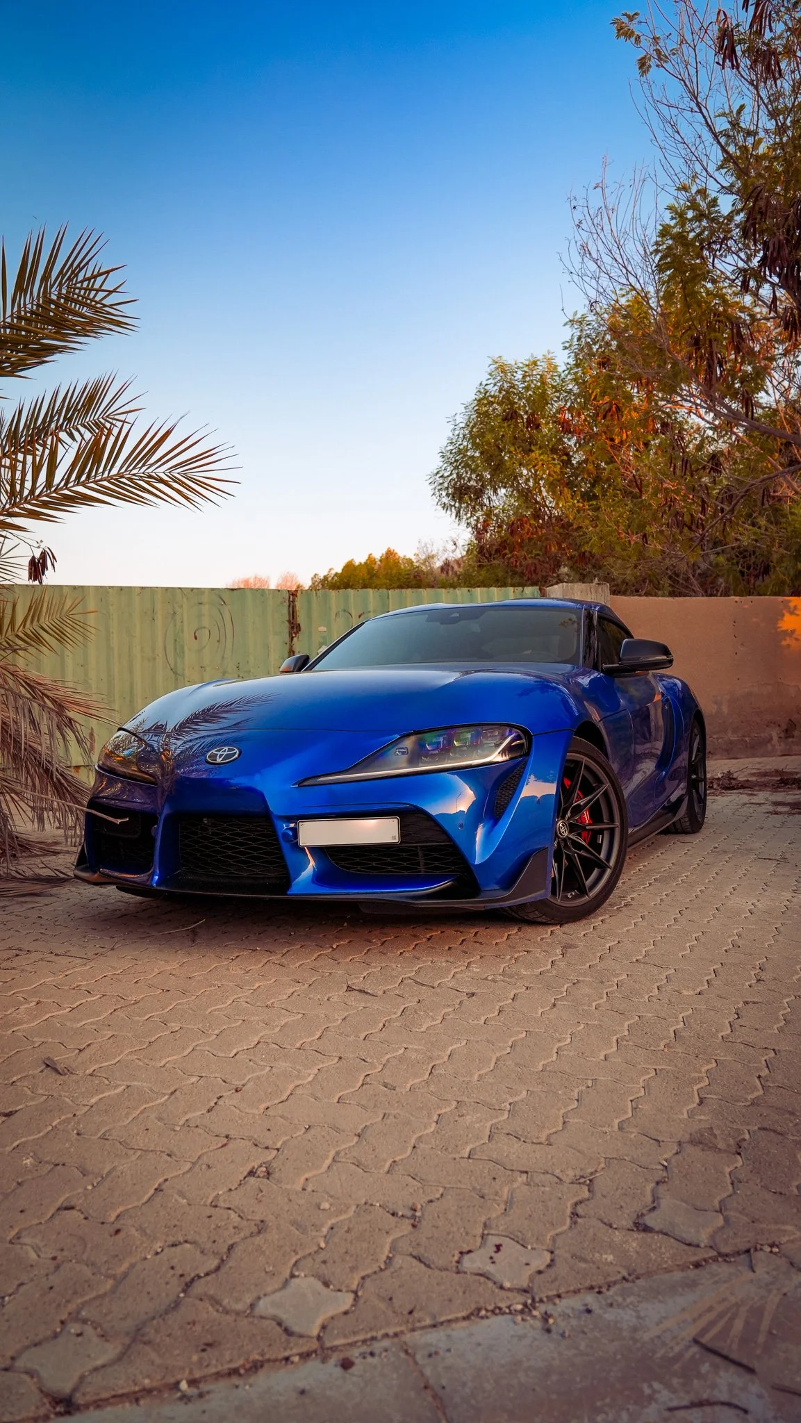 A blue sports car parked on a paved area with trees and a fence in the background. The sky is clear and blue.