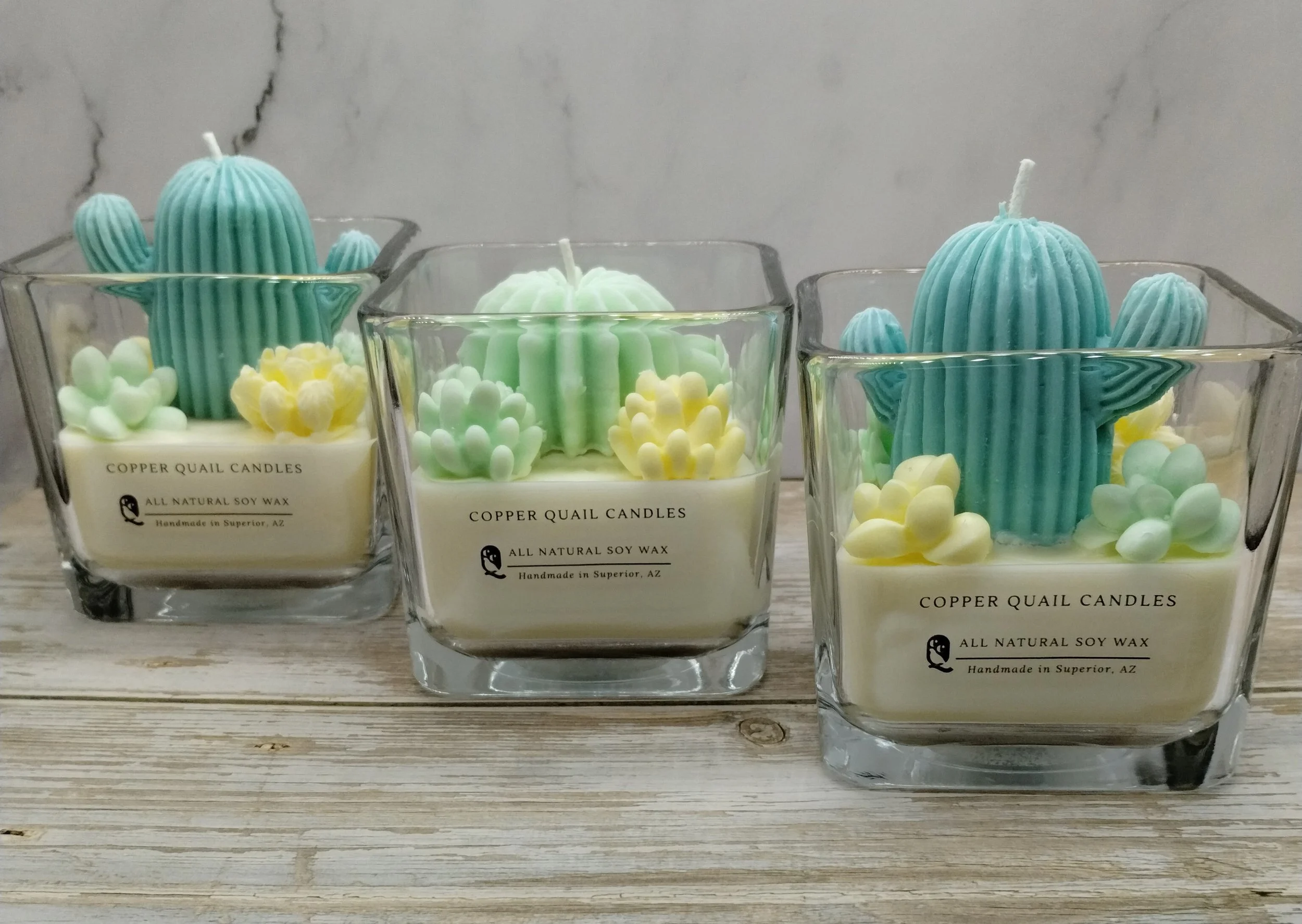 three candles with colorful cactus and succulent shapes on top in a square glass container