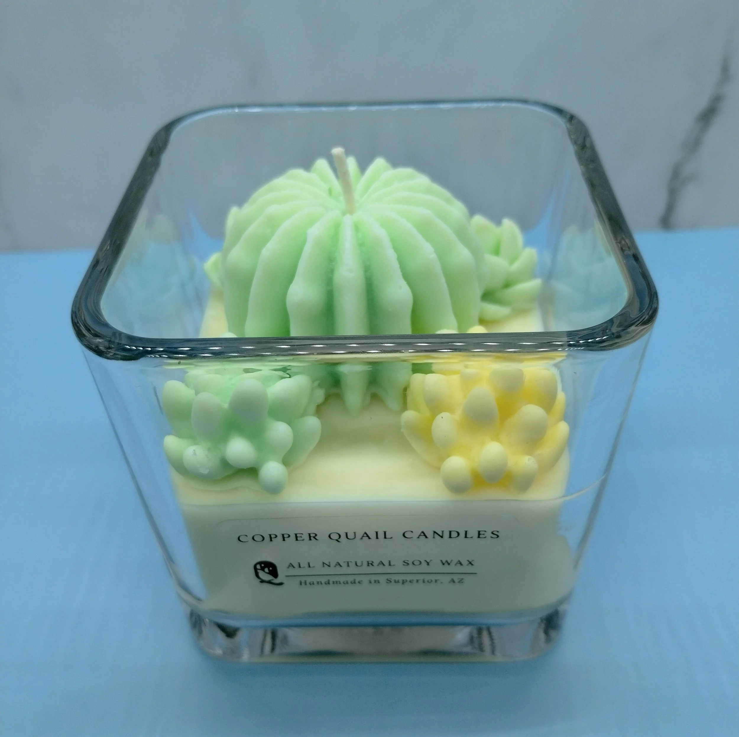 square jar candle with green decorative cactus