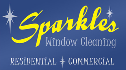 Sparkles Window Cleaning logo with yellow and white text on a blue background, including stars, for residential and commercial services.