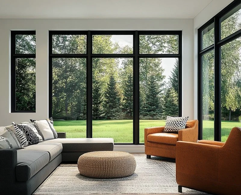 Bright living room with large floor-to-ceiling windows overlooking a green garden with trees