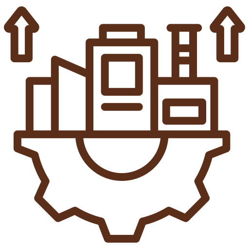 Line art of a gear with bar chart, document, and upward arrows inside, representing business growth or analytics.