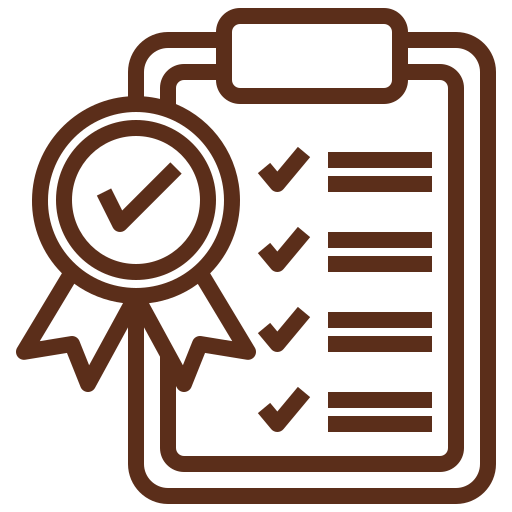 Checklist with a ribbon and a magnifying glass, indicating approval or verification.