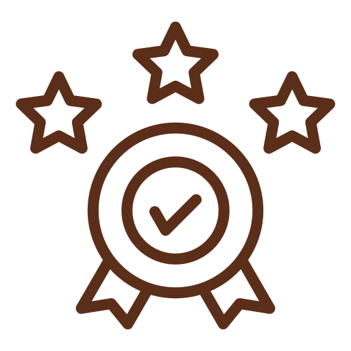 Icon of a badge with a check mark in the center, surrounded by three stars.