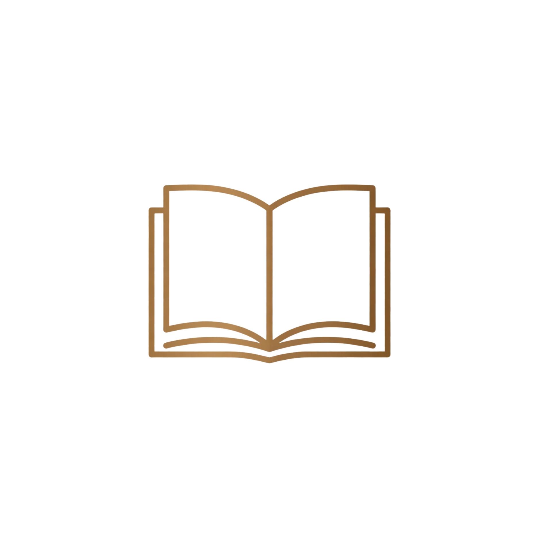 Open book illustration with a brown cover and light pages, positioned at the center against a white background.
