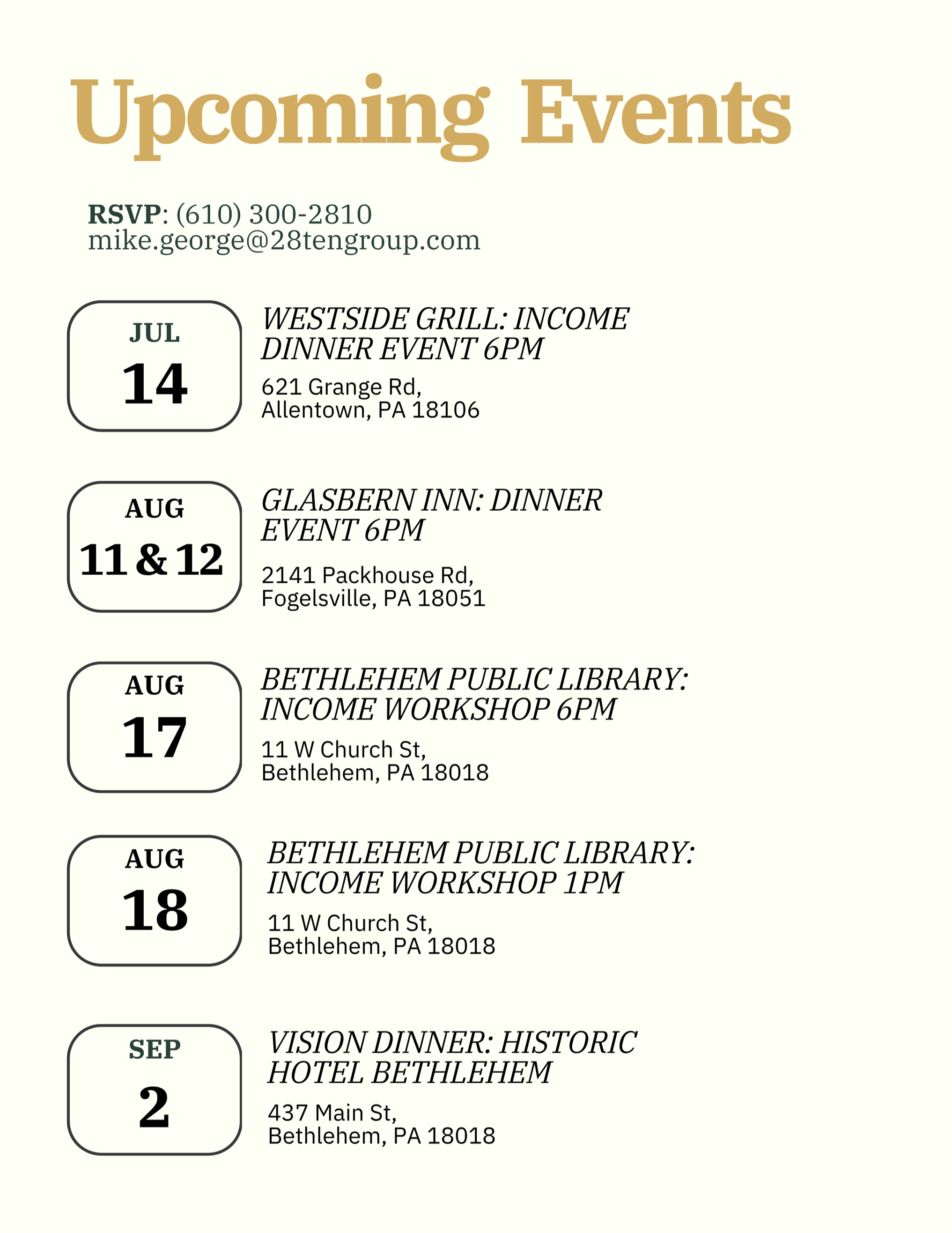 Schedule of upcoming events.