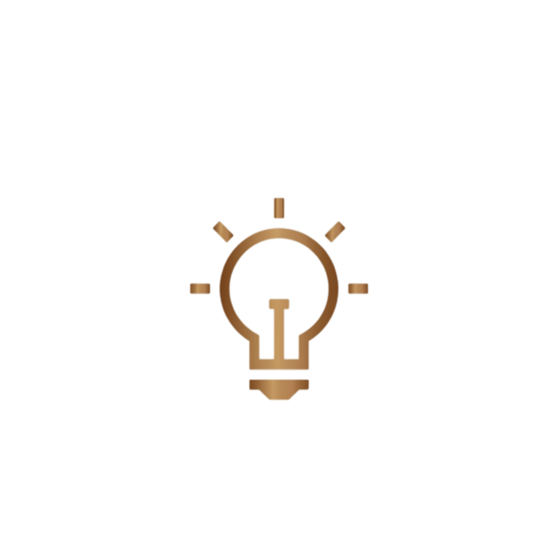 A digital illustration of a bronze light bulb with a brown outline, glowing or radiating, with a solid black background.