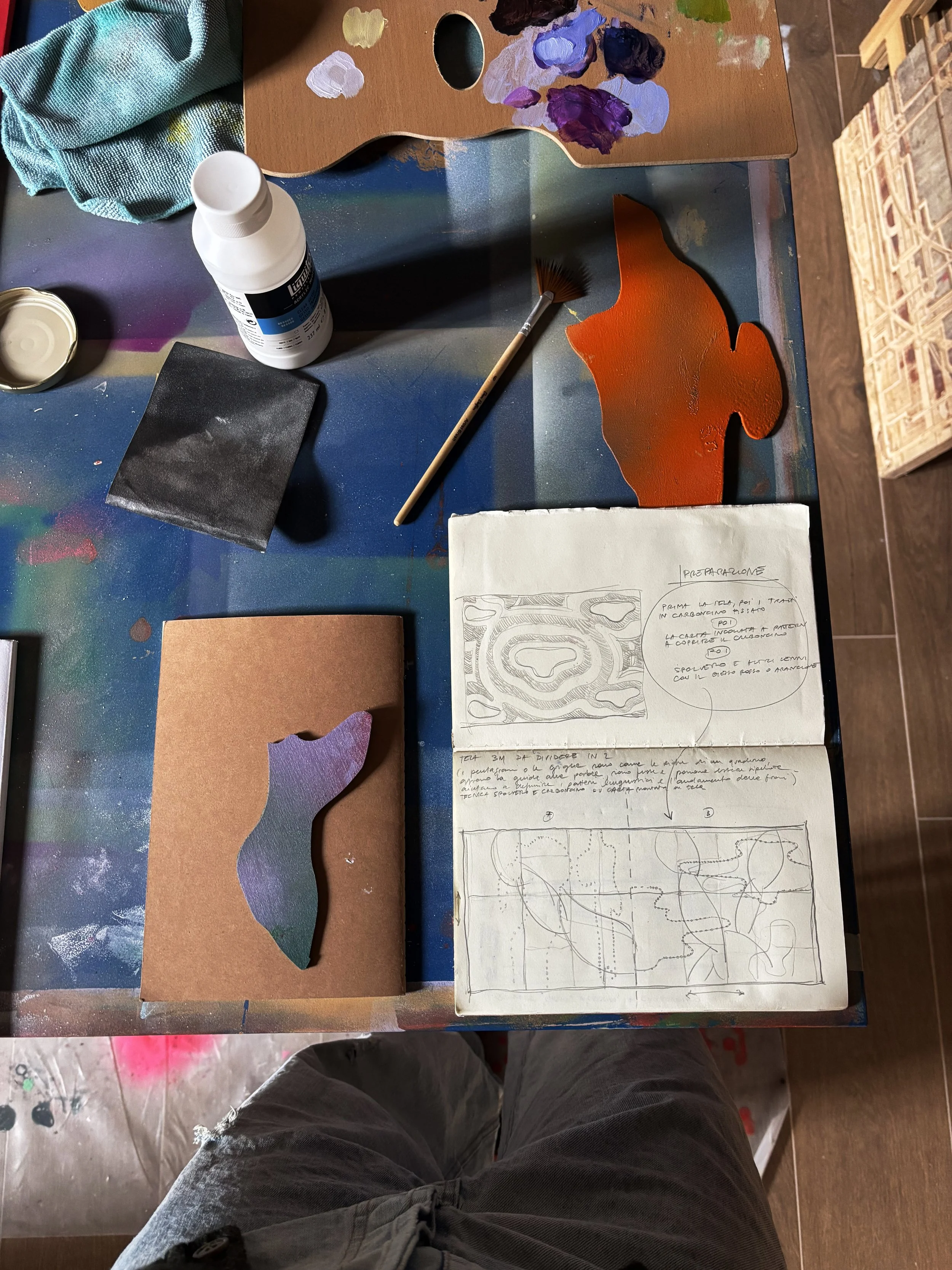 An artist's workspace with paint, brushes, a palette, and sketches of abstract patterns on paper. The photo is taken from a top-down view, showing the person’s legs and part of the studio surface.