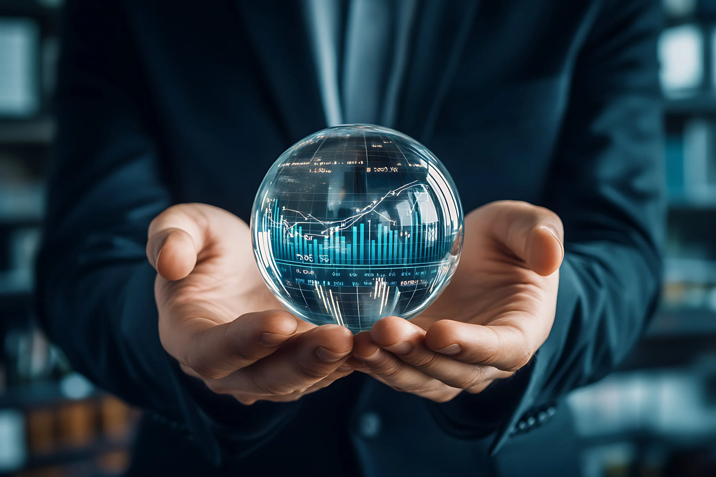 Person in a dark suit holding a transparent sphere displaying digital financial graphs and data.