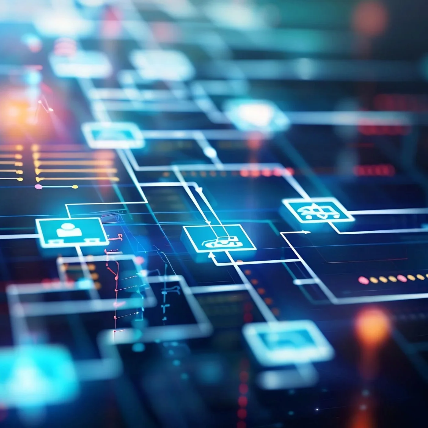Futuristic digital interface showing interconnected icons for user profile, cars, and other technology elements.