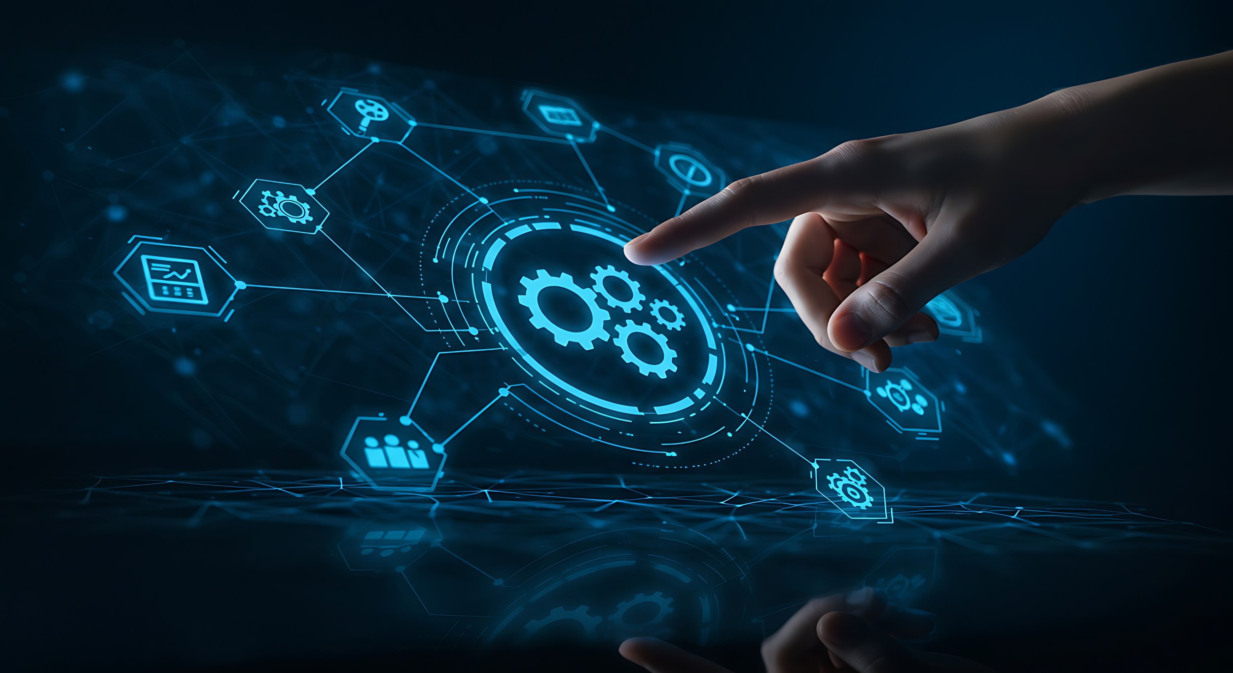 A human hand interacts with a digital interface featuring icons of gears, charts, and social symbols, illuminated in blue over a dark background, representing technology and connectivity.