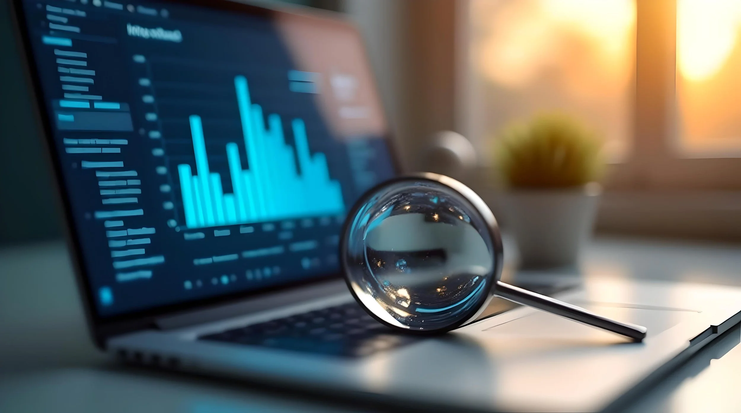 A close-up of a computer screen displaying blue financial or data charts, with a magnifying glass placed on the surface reflecting the screen, and a blurred background with warm lighting.