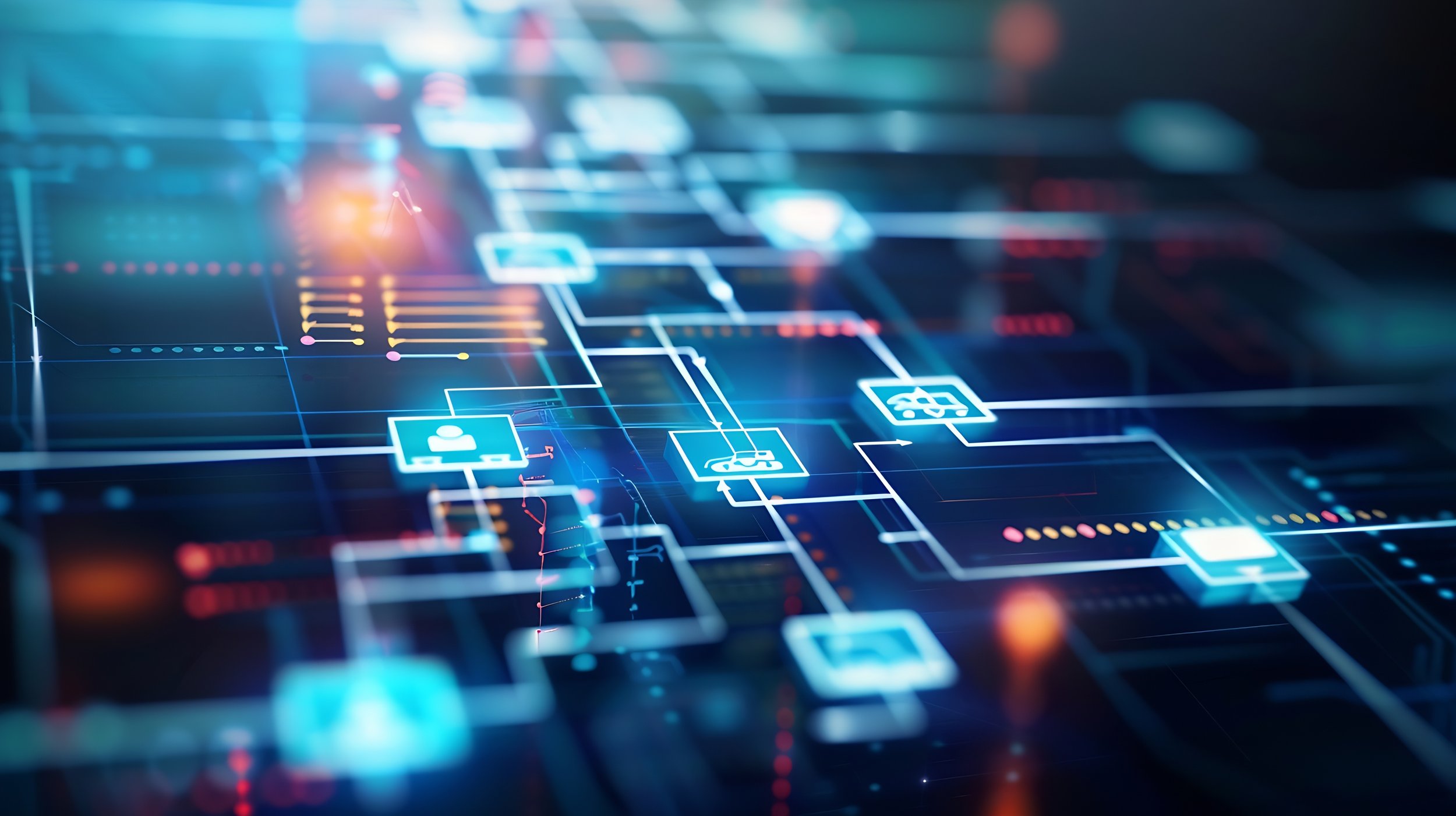 A digital illustration of a technology interface with interconnected icons, lines, and data points, glowing in blue, red, and orange hues.