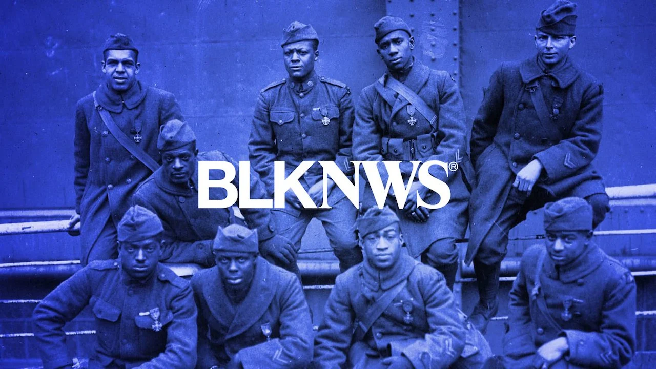 Historical black and white photo of soldiers in uniform, with the text "BLK NWS" overlaid.