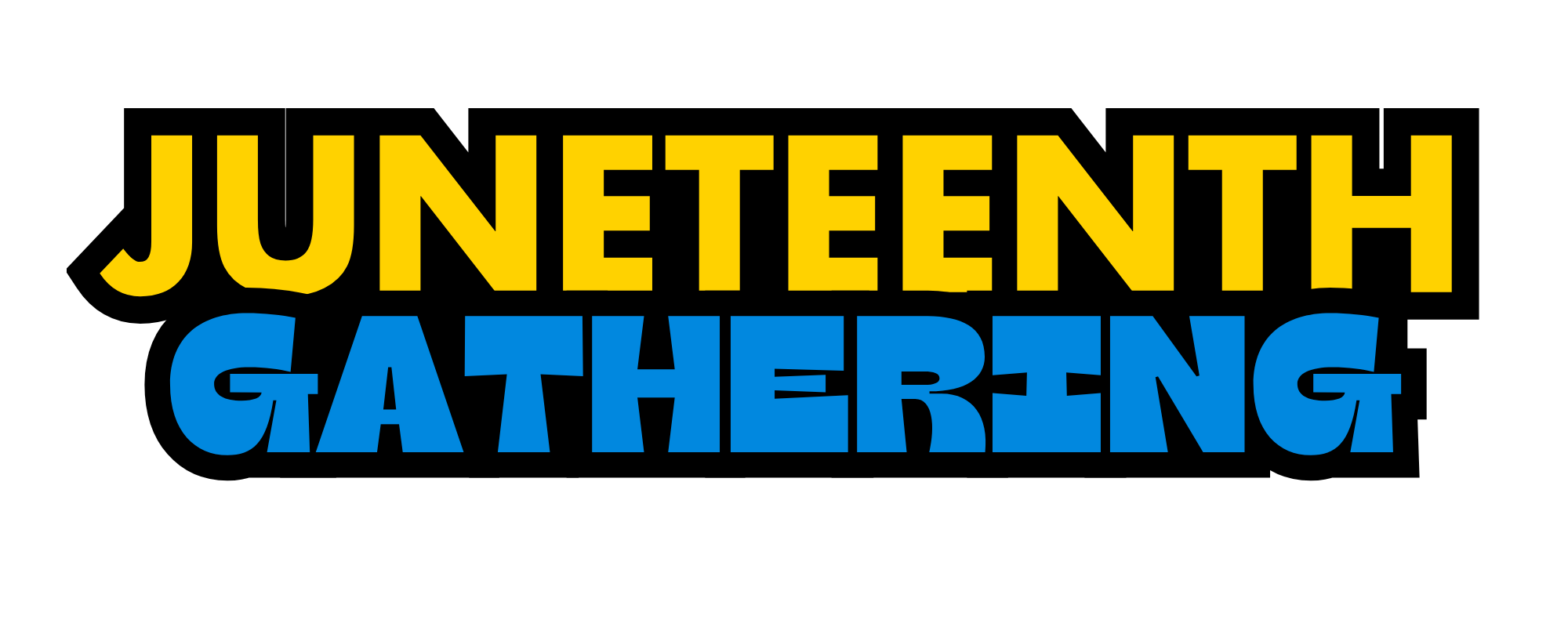 Text graphic reading 'Juneteenth Gathering' with 'Juneteenth' in yellow and 'Gathering' in blue on a black background.