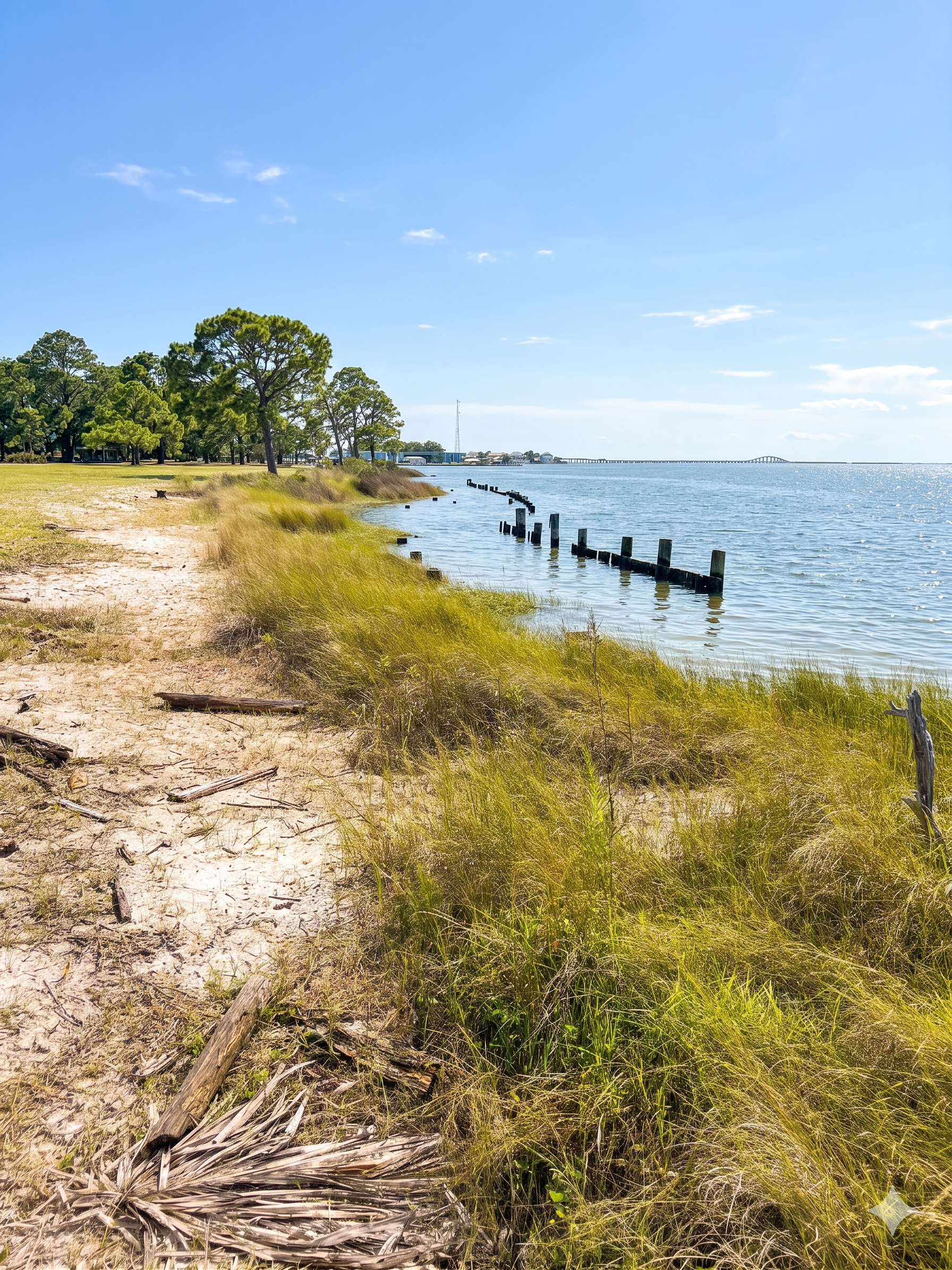 A scenic view of a coastal landscape with a sandy beach, grassy marsh, and calm water under a clear blue sky, with trees, a distant bridge, and some buildings.
