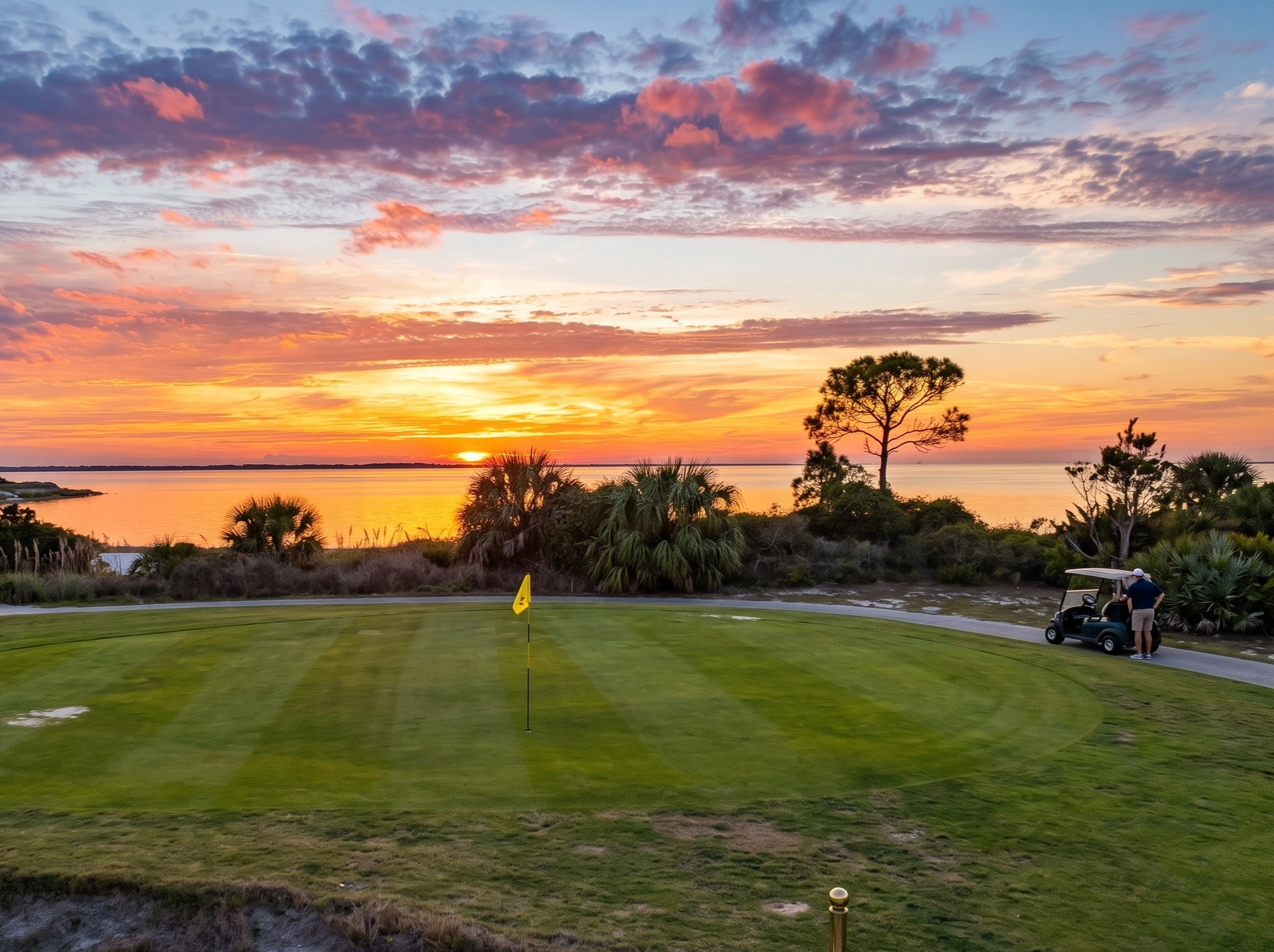 A golf course at sunset with a putting green and a flagstick, surrounded by palm trees and shrubs, with a body of water and an orange, pink, and purple cloudy sky in the background.
