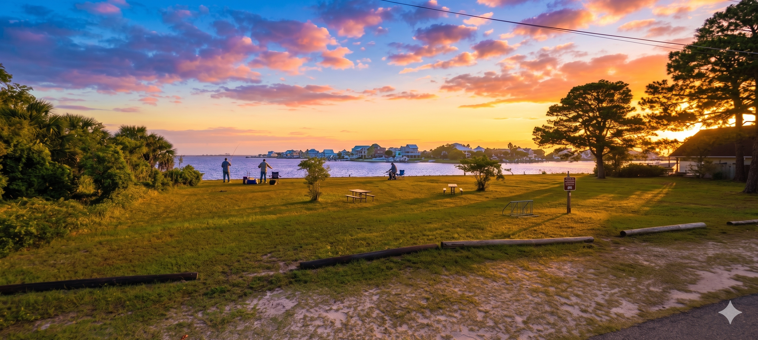 People fishing near a river during a sunset, with trees and houses in the background.
