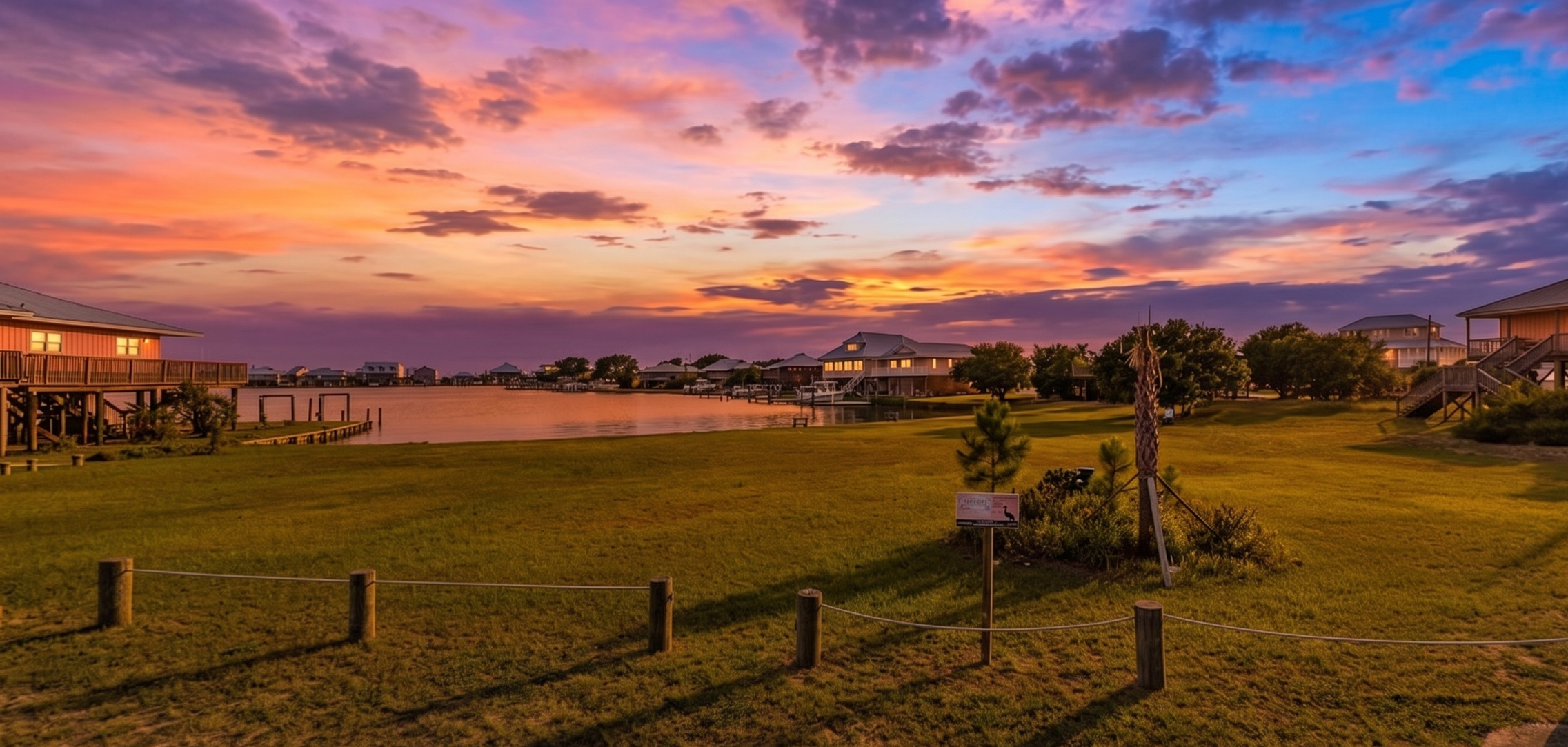 A peaceful neighborhood by a waterway during sunset with pink and purple clouds, houses on stilts, green grass, small trees, and a sign in the foreground.