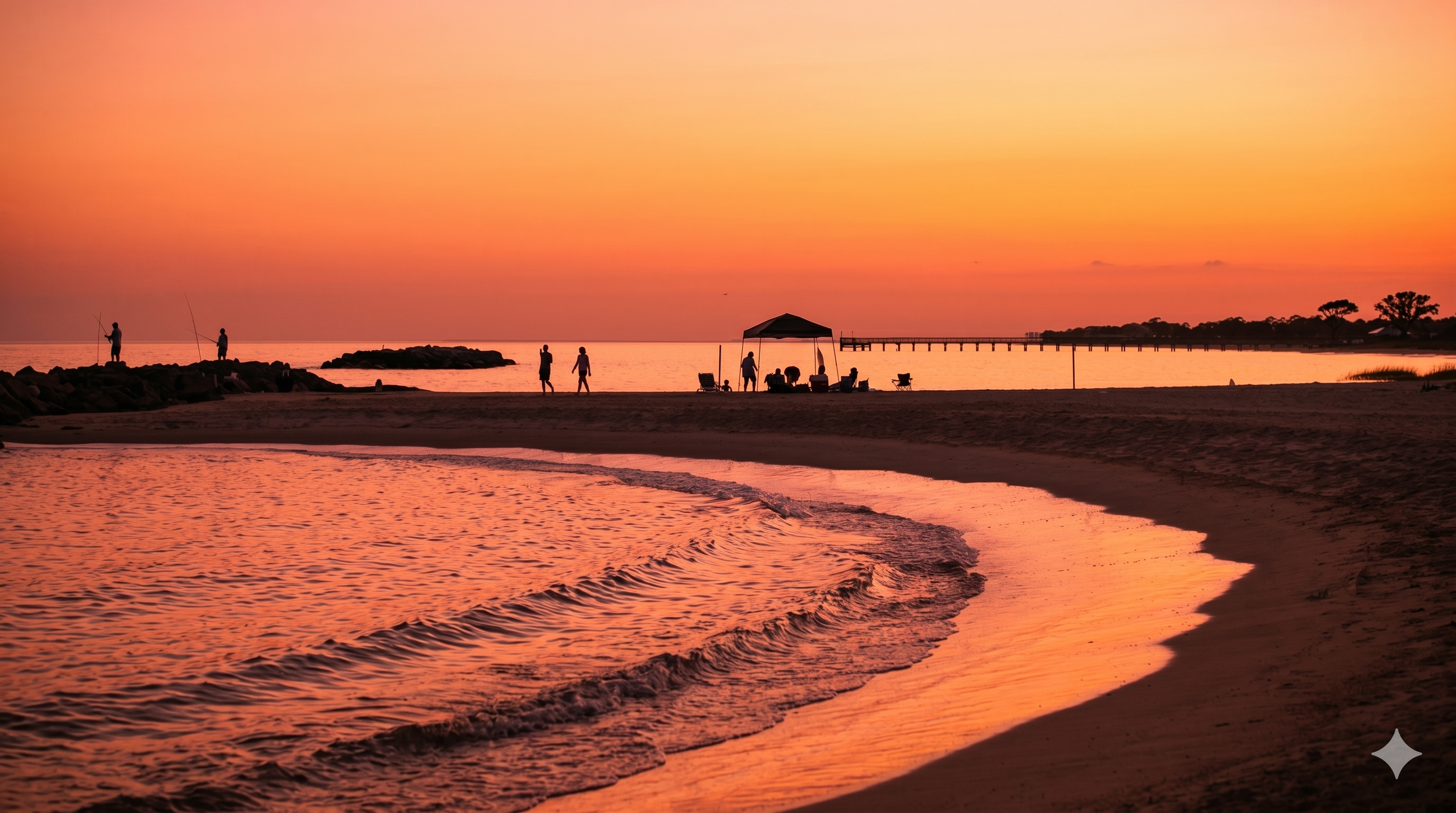 People enjoying fishing and relaxing on a beach at sunset with a pier and trees in the background.