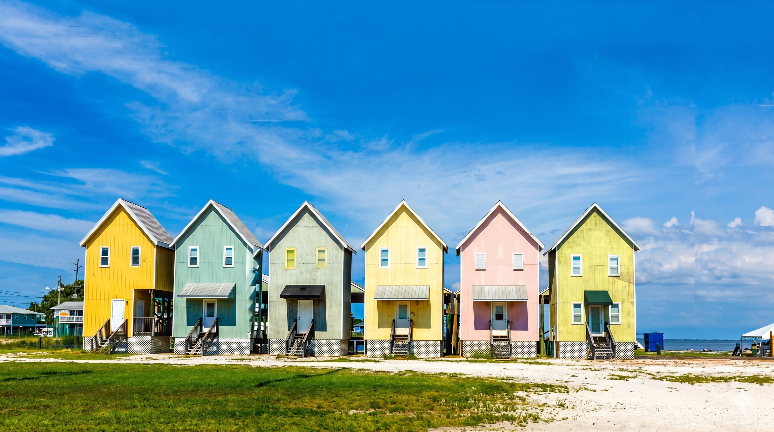 Colorful beach houses with stairs and doors in a line under a blue sky.