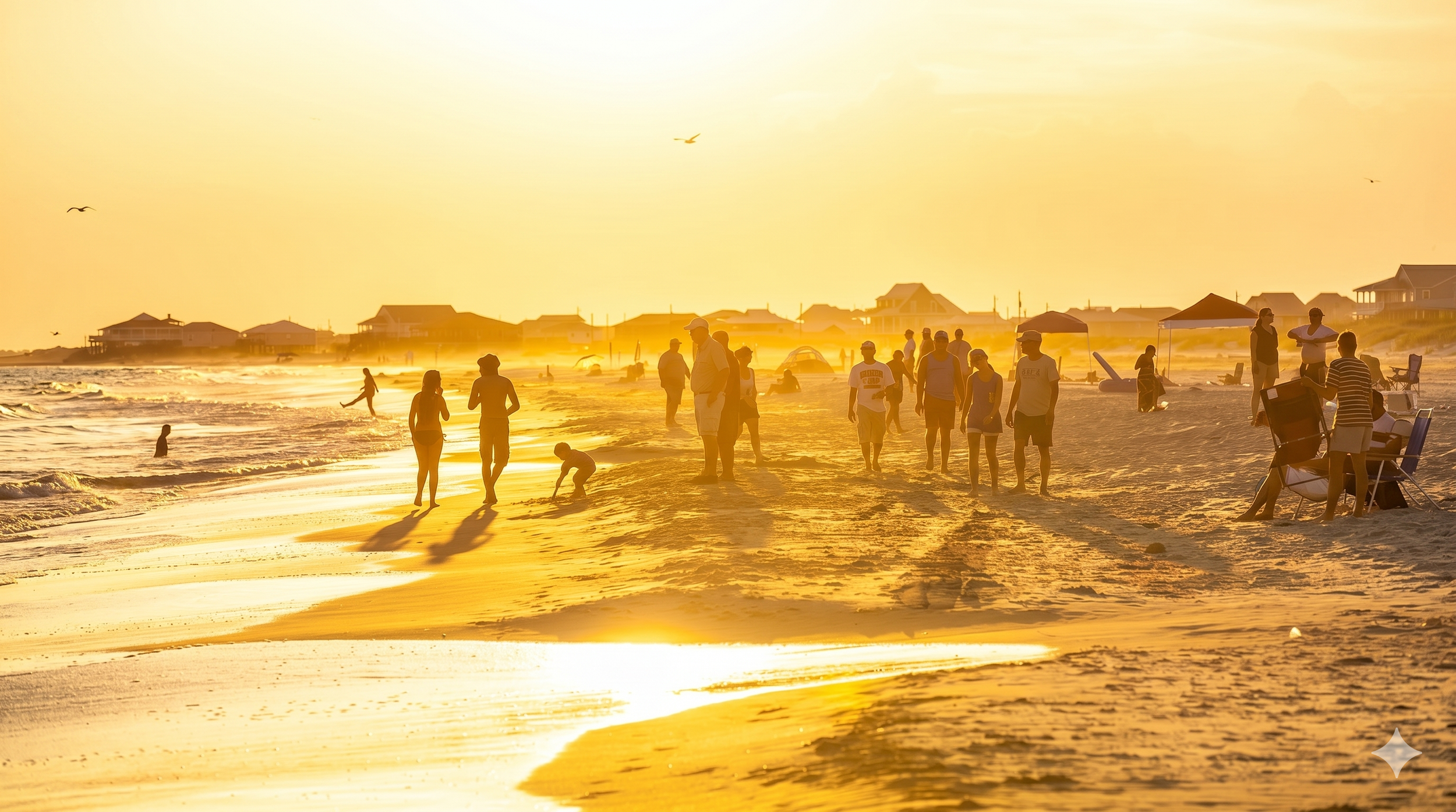 People enjoying a sunset on the beach, some walking, swimming, and relaxing under umbrellas, with houses and seagulls in the background.