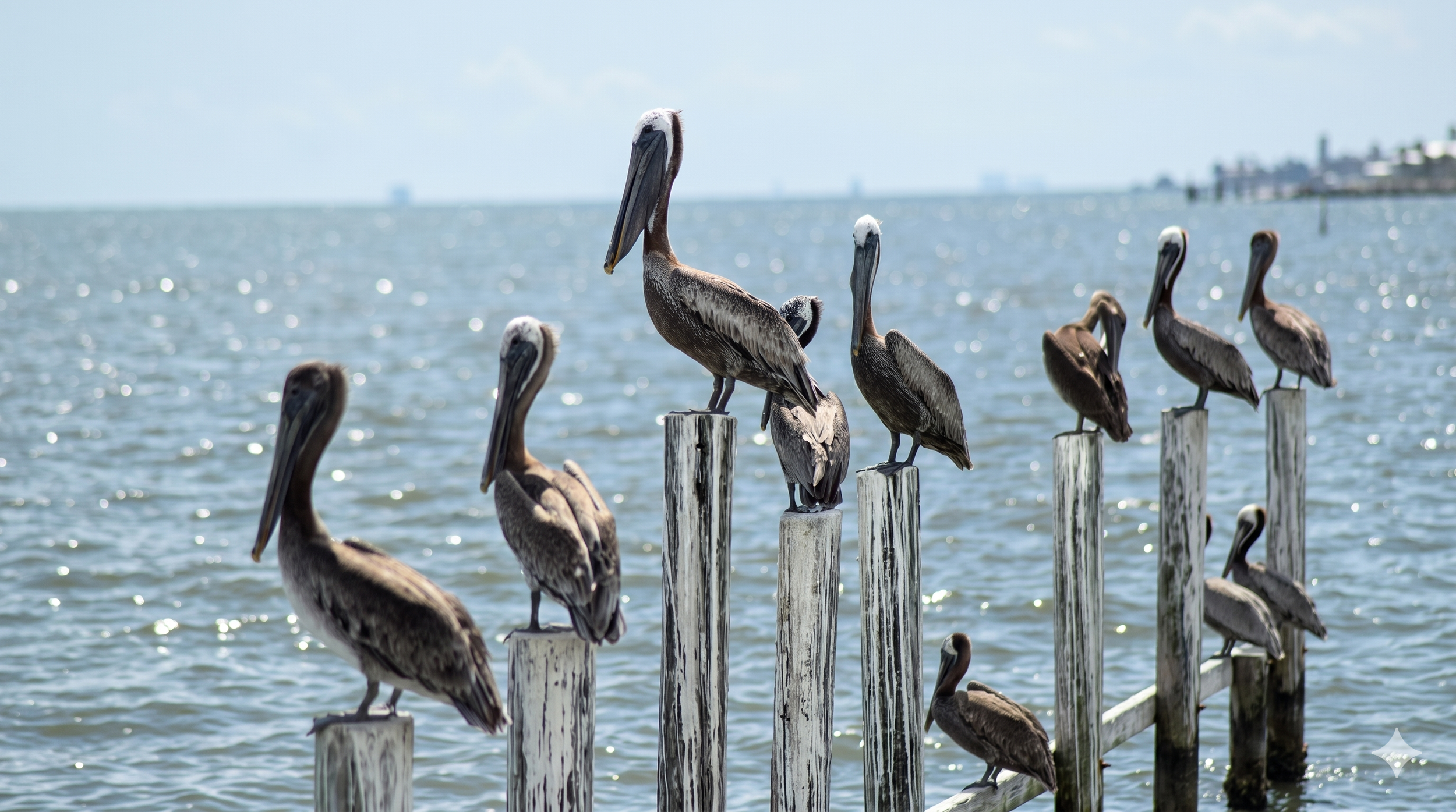 A group of pelicans perched on weathered wooden posts by the water, with a distant shoreline and buildings in the background.