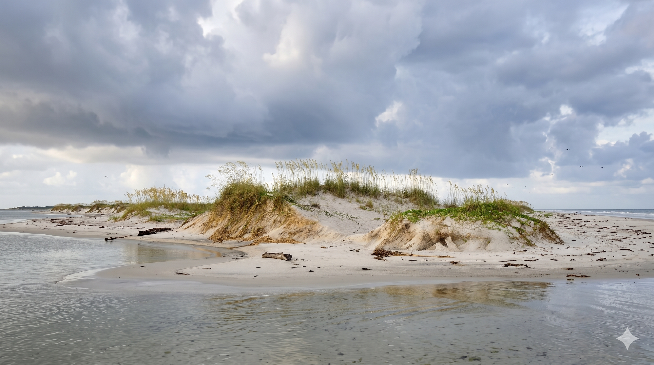 A sandy beach with tall grass-covered dunes under a cloudy sky.