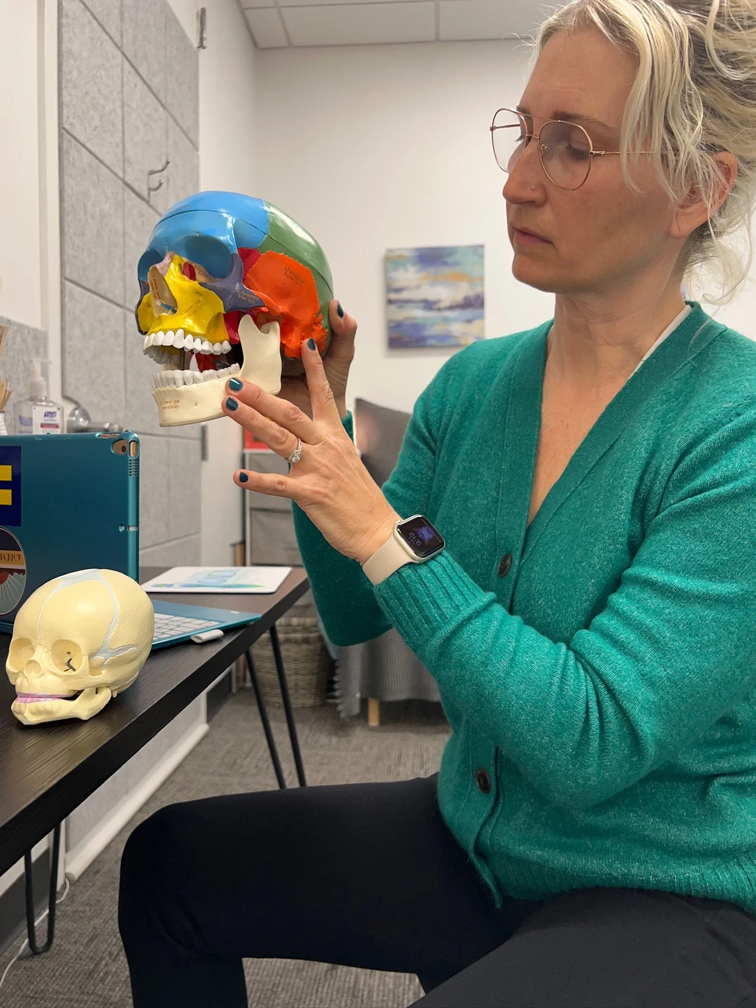 Carrie Dean sitting at a desk, examining a colorful anatomical skull model, with a smaller skull model nearby on the desk.