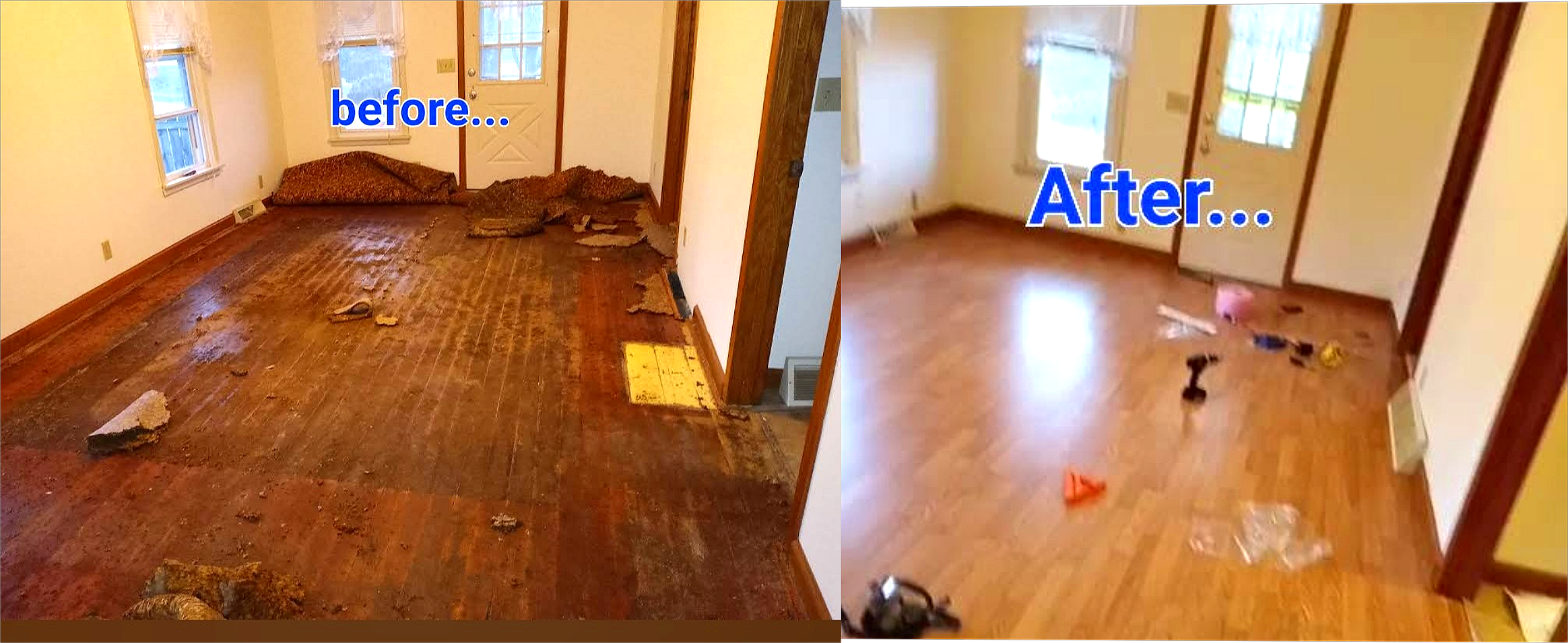 We had to remove all the carpet tack strips and nails, then level the floor  before installing the laminate.