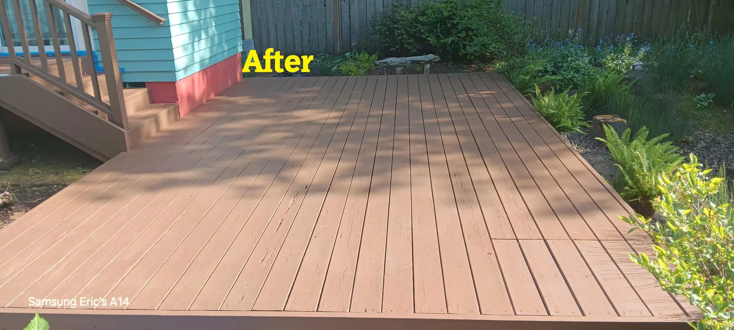 After pressure washing, Peel stop, and two coats of solid color stain.