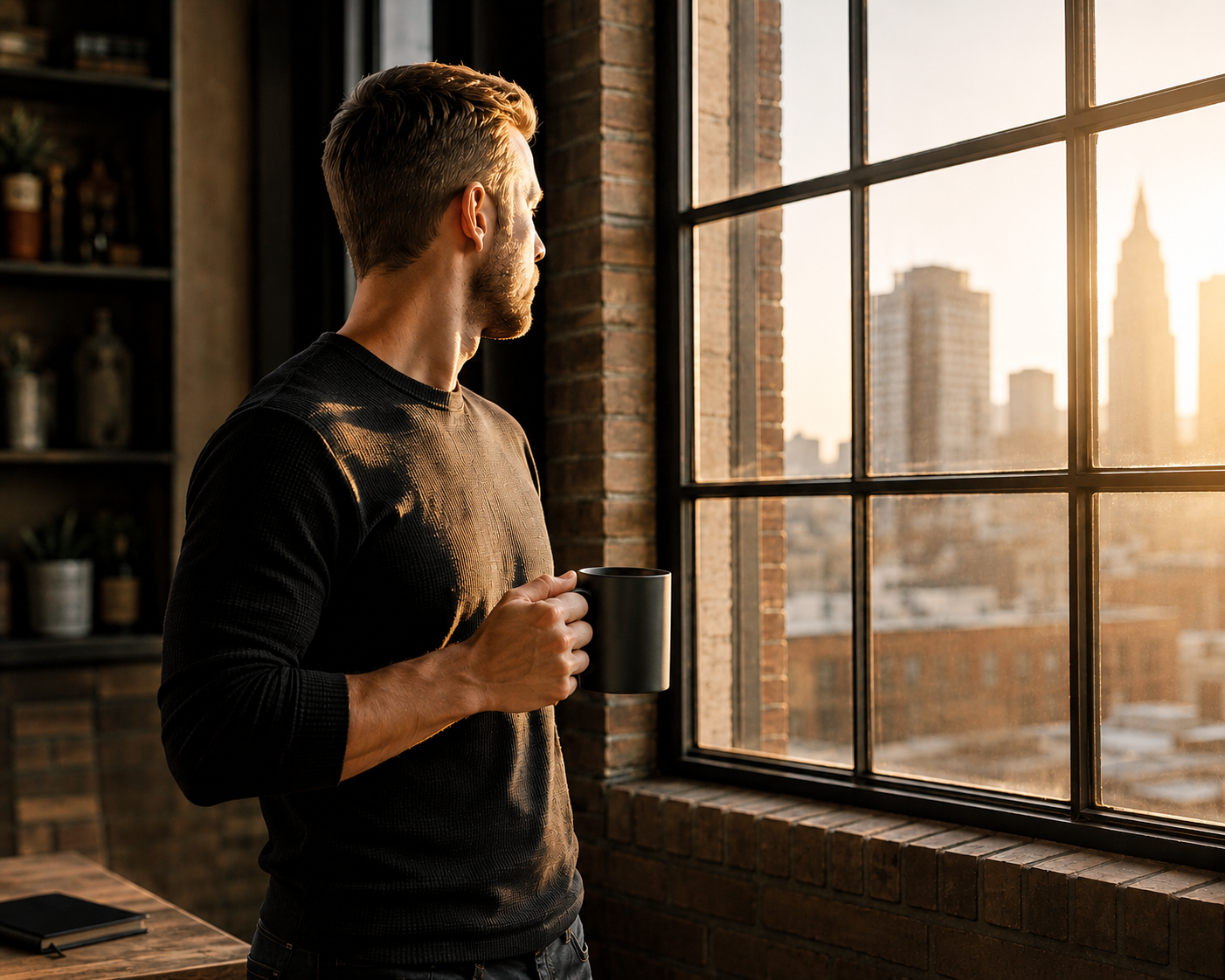 A man with short hair and a beard, dressed in a black sweater, stands by a large window in an urban apartment, holding a black mug and looking at the city skyline during sunset.