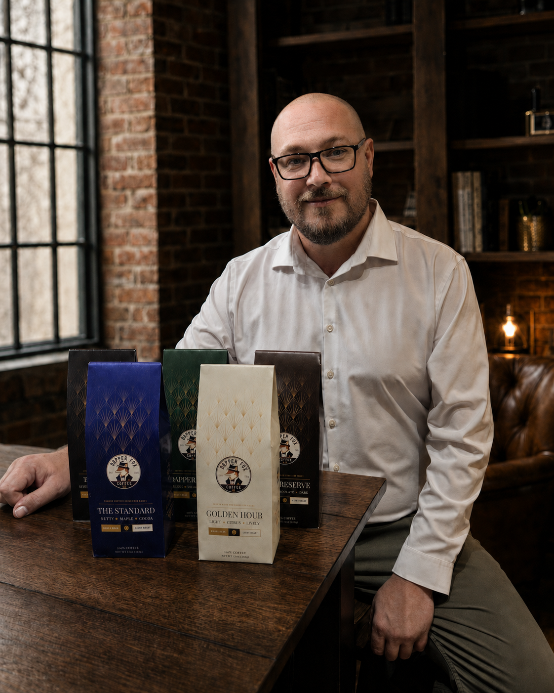 A man wearing glasses and a white shirt sitting at a wooden table with four packages of Dapper Fox coffee in front of him inside a rustic room with exposed brick walls and a large window.