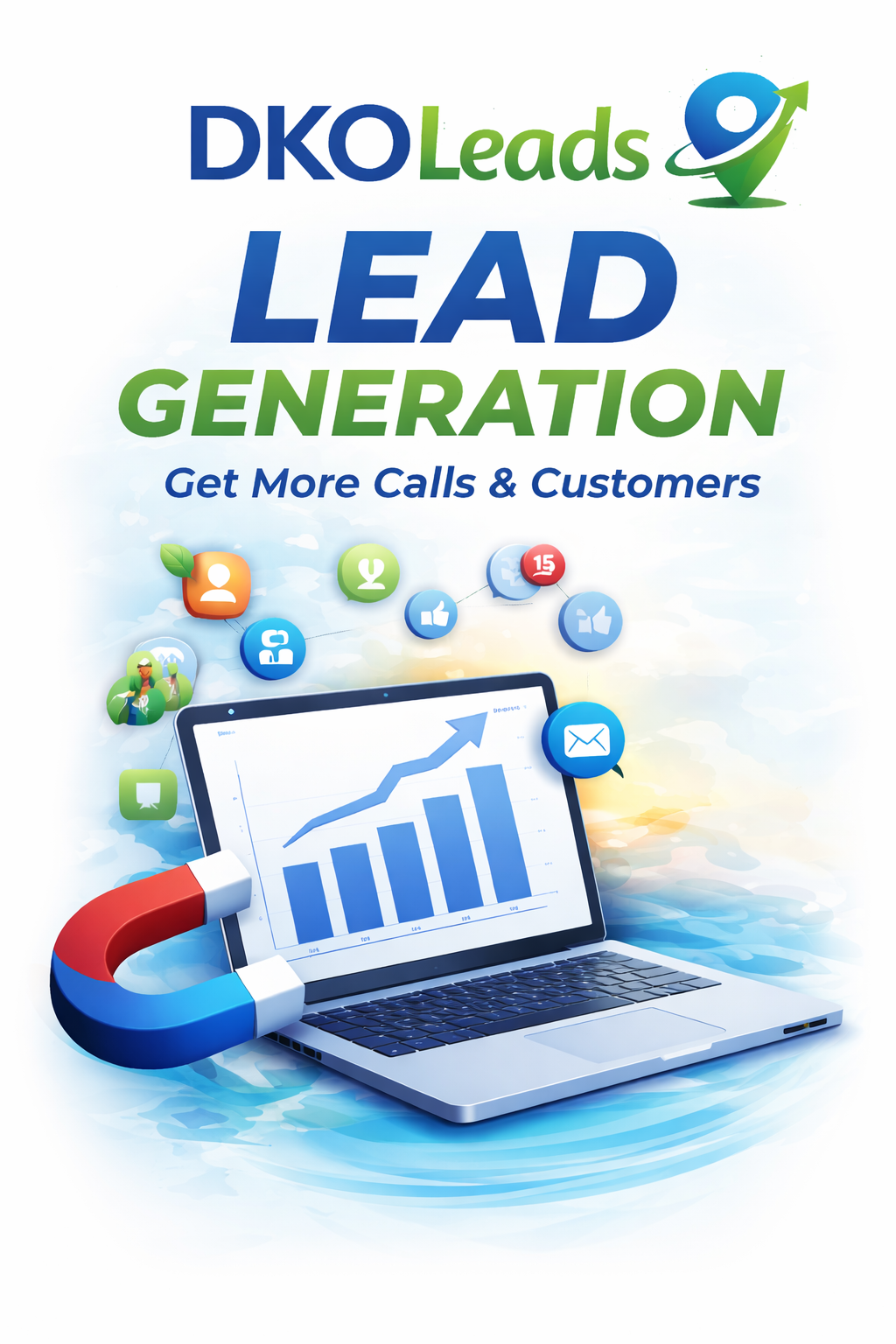 Marketing brochure cover for DKO Leads, featuring a laptop with a growth chart on the screen, surrounded by social media icons, a magnet, and the text 'Lead Generation' in large blue and green letters, promoting increased calls and customers.