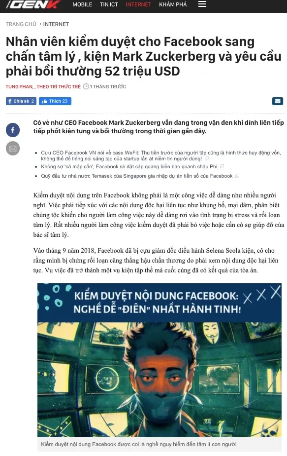 Nhân viên kiểm duyệt cho Facebook Selena Scola sang chấn tâm lý, kiện Mark Zuckerberg và yêu cầu phải bồi thường 52 triệu USD