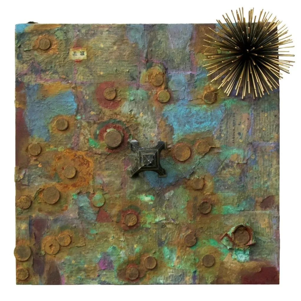 Sold: The Paris Agreement, Brave New World

This 16" x 16" mixed media painting takes inspiration from Aldous Huxley's Brave New World, blending acrylic paint with striking textures and materials. An antique gold metal sunburst radiates against a bac