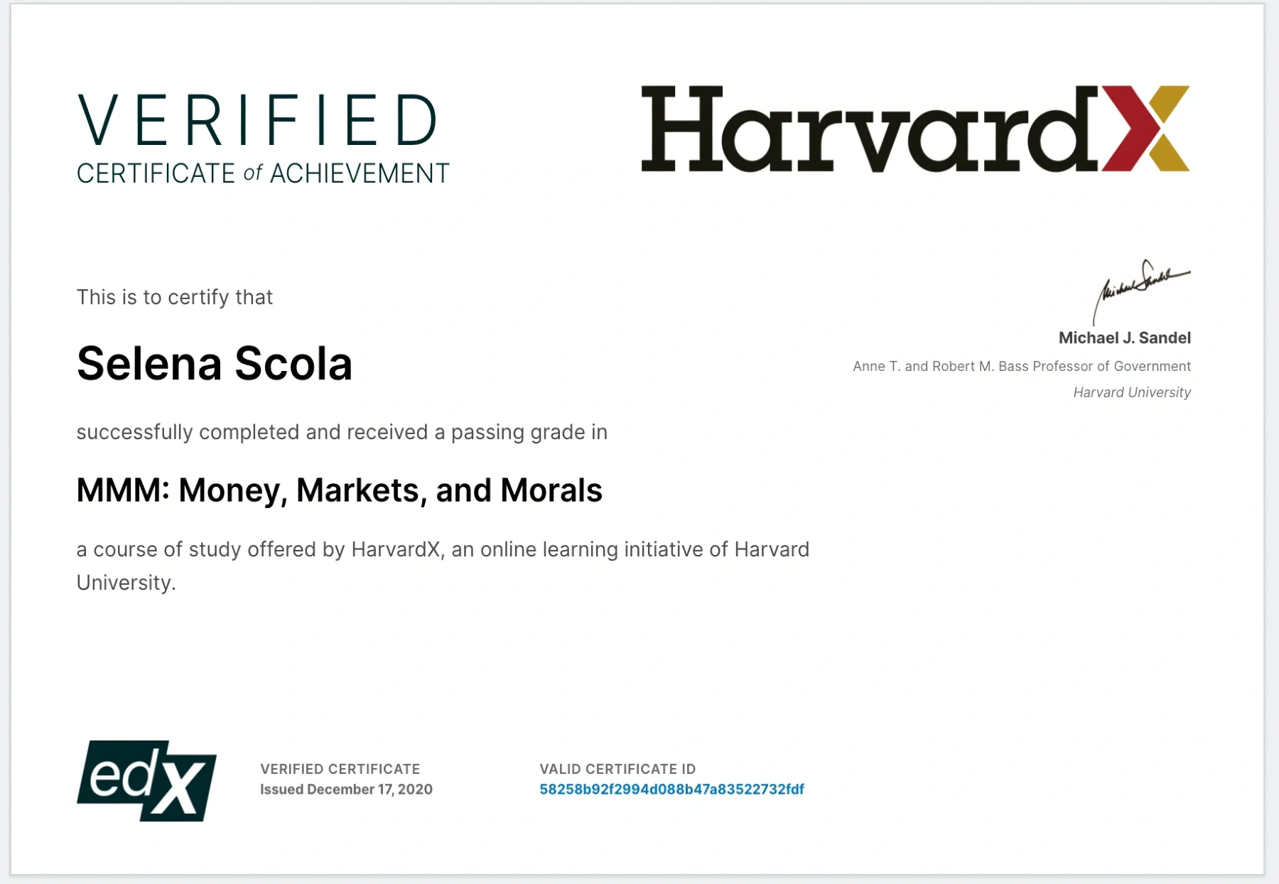 Selena Scola Harvard University - MMM - Money, Markets, and Morals