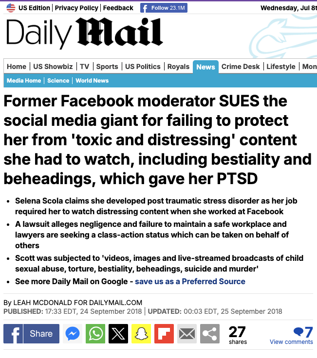 Former Facebook moderator Selena Scola  SUES the social media giant for failing to protect her from 'toxic and distressing' content she had to watch, including bestiality and beheadings, which gave her PTSD