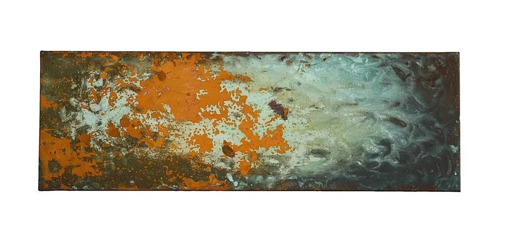 Sold: Acid Mine Drainage
This 8" x 24" canvas, completed in 2016, showcases  the beauty of nature's decay with industrial influence in a fusion of acrylic and oxidizing iron rust. 