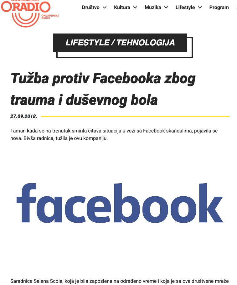 Tužba Selene Scole protiv Facebooka zbog traume i duševnog bola