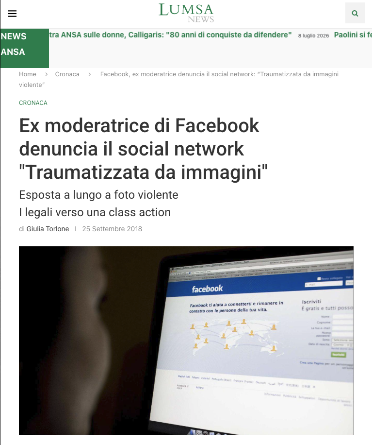 Selena Scola, ex moderatrice di Facebook, denuncia il social network. «Traumatizzata da immagini»