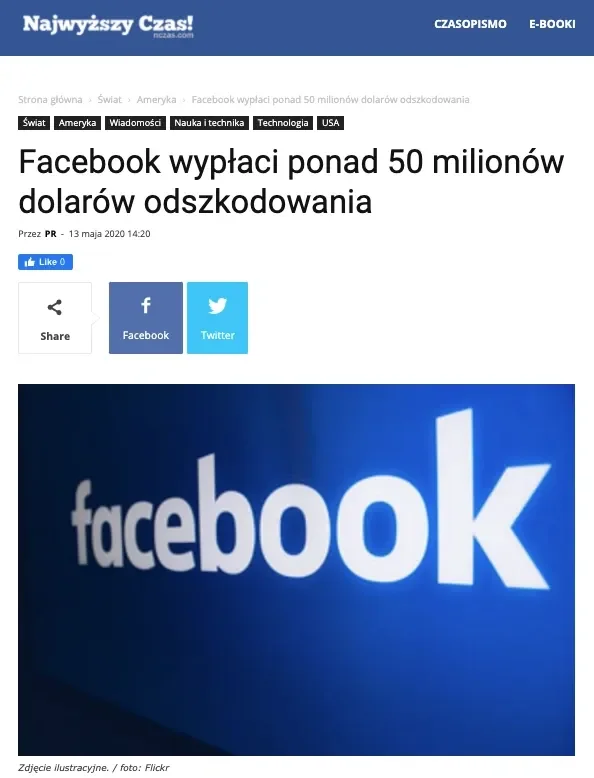 Facebook wypłaci Selenie Scoli ponad 50 milionów dolarów odszkodowania