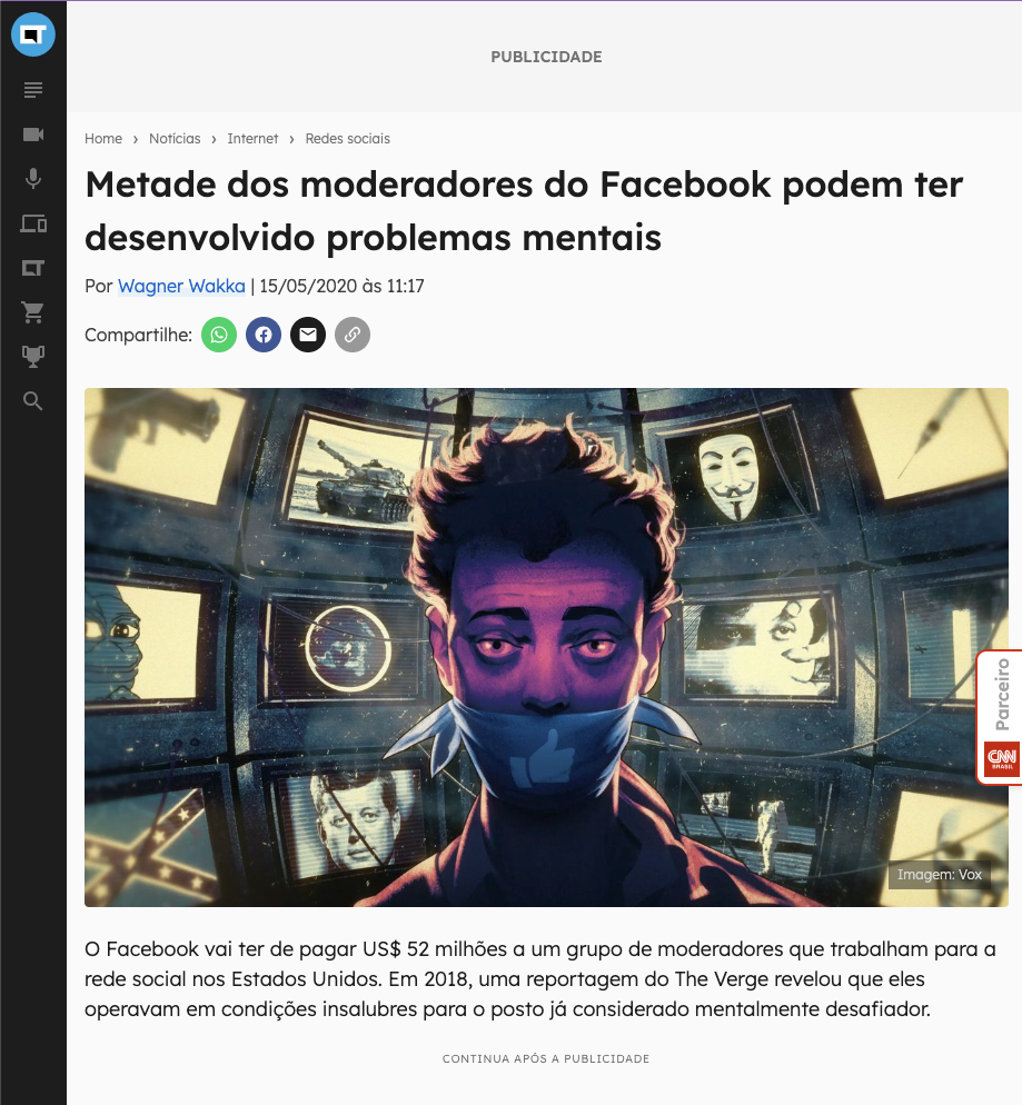 Selena Scola Metade dos moderadores do Facebook podem ter desenvolvido problemas mentais