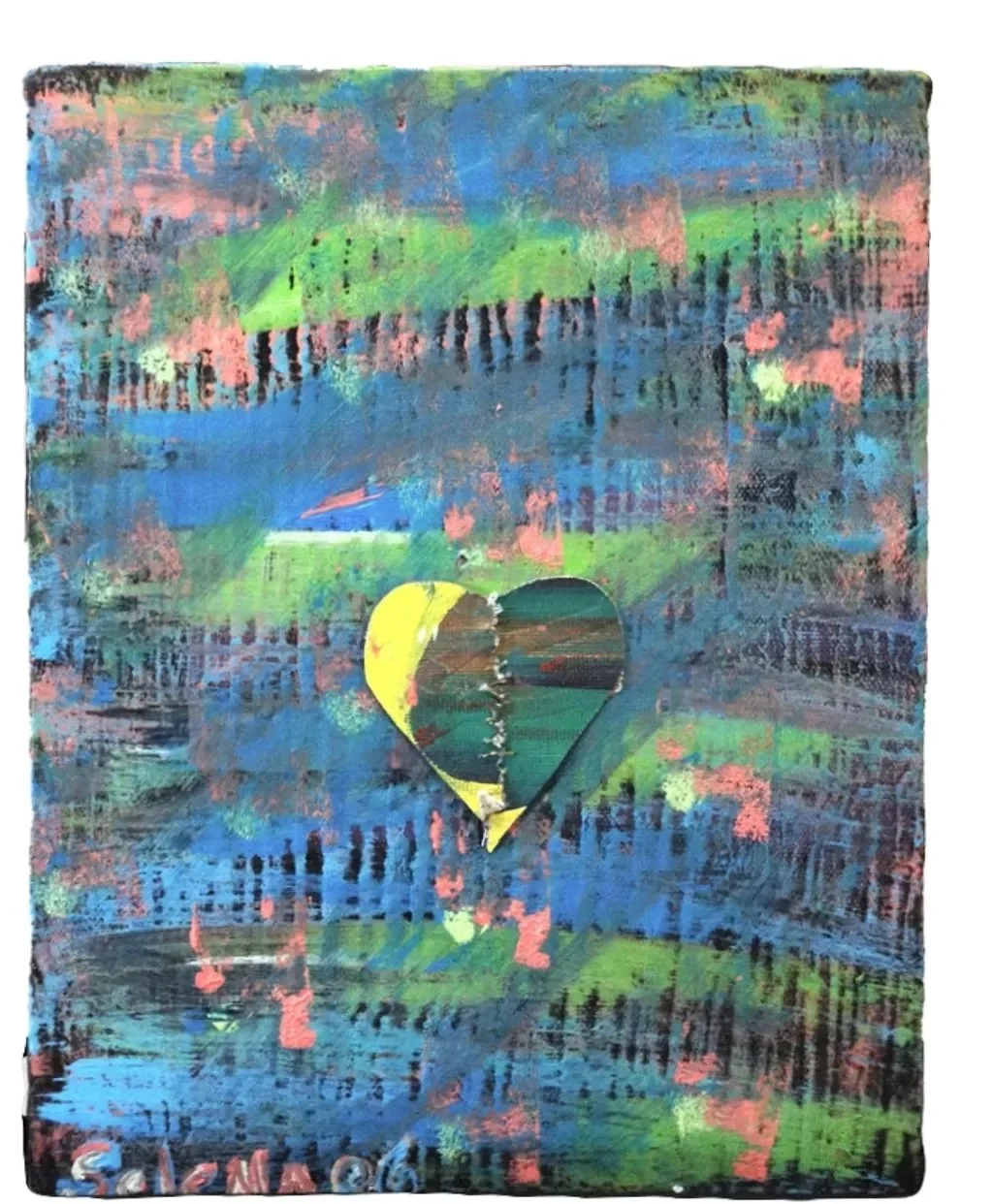 Sold: Ten
This 8" x 10" acrylic painting on canvas, completed in 2006, features a hand-stitched heart accented with gold wire. The straightforward design combines craftsmanship with  elegance, creating a piece that feels strong and timeless.