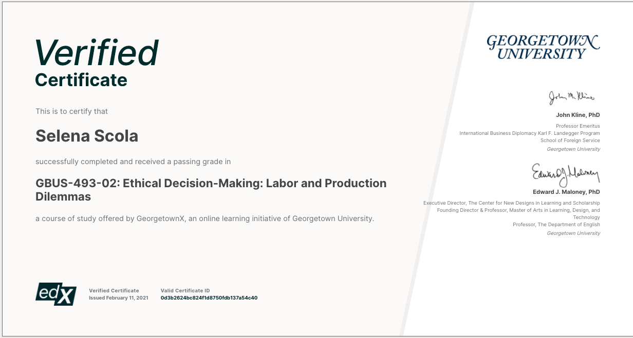 Selena Scola GBUS-493-02 - Ethical Decision-Making - Labor and Production Dilemmas