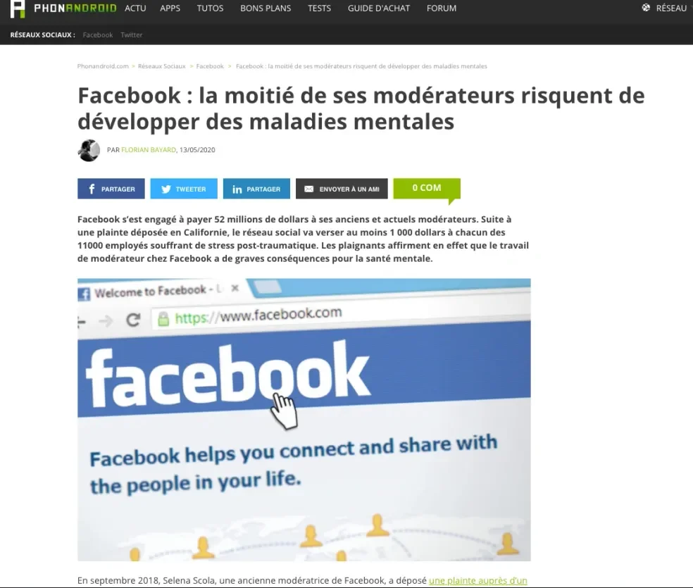 Facebook Selena Scola la moitié de ses modérateurs risquent de développer des maladies mentales