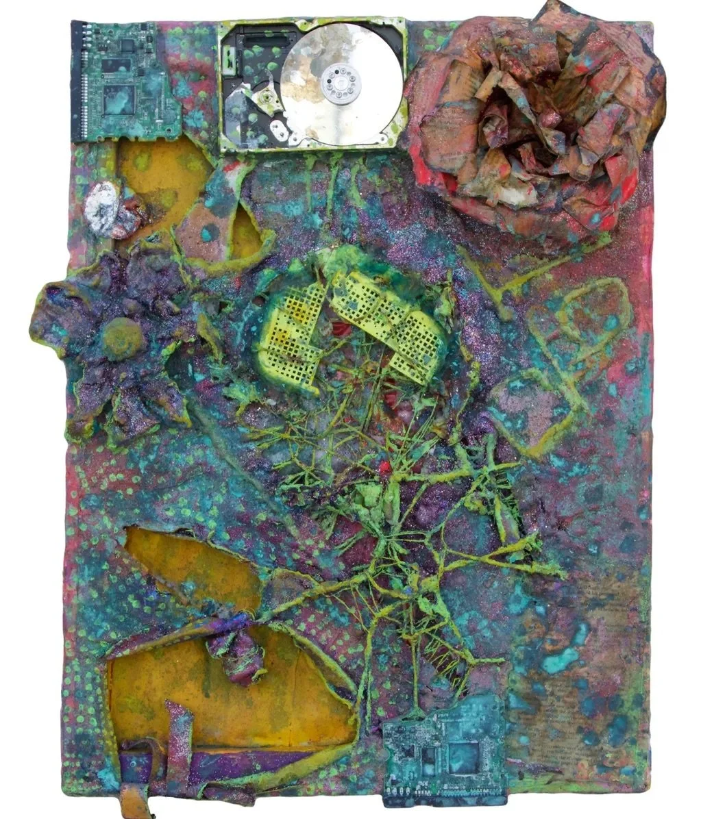 Sold: Nature Always

This 18" x 24" mixed media artwork on canvas, completed in 2016, blends acrylic, oil, and iron oxide for an organic, aged texture. Featuring a hard drive, circuit boards, Motorola X Sol Republic Deck speaker parts, wire, embroide