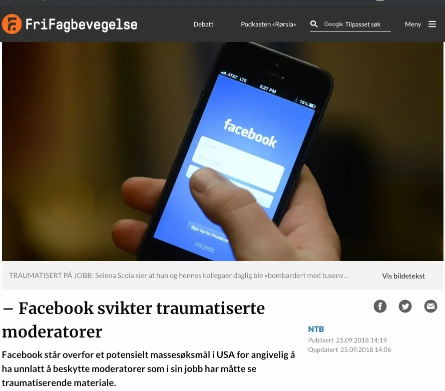 Facebook svikter traumatiserte moderatorer selena scola