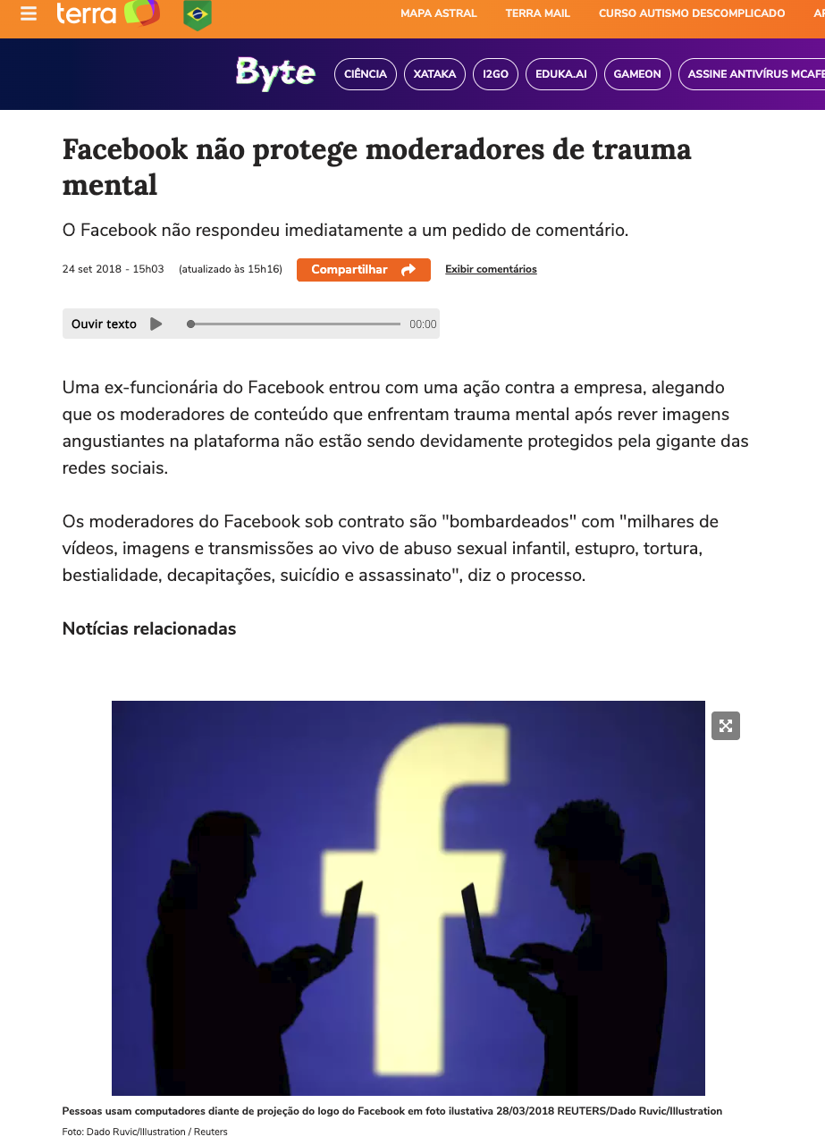 Selena Scola acusa o Facebook de não proteger moderadores contra traumas psicológicos