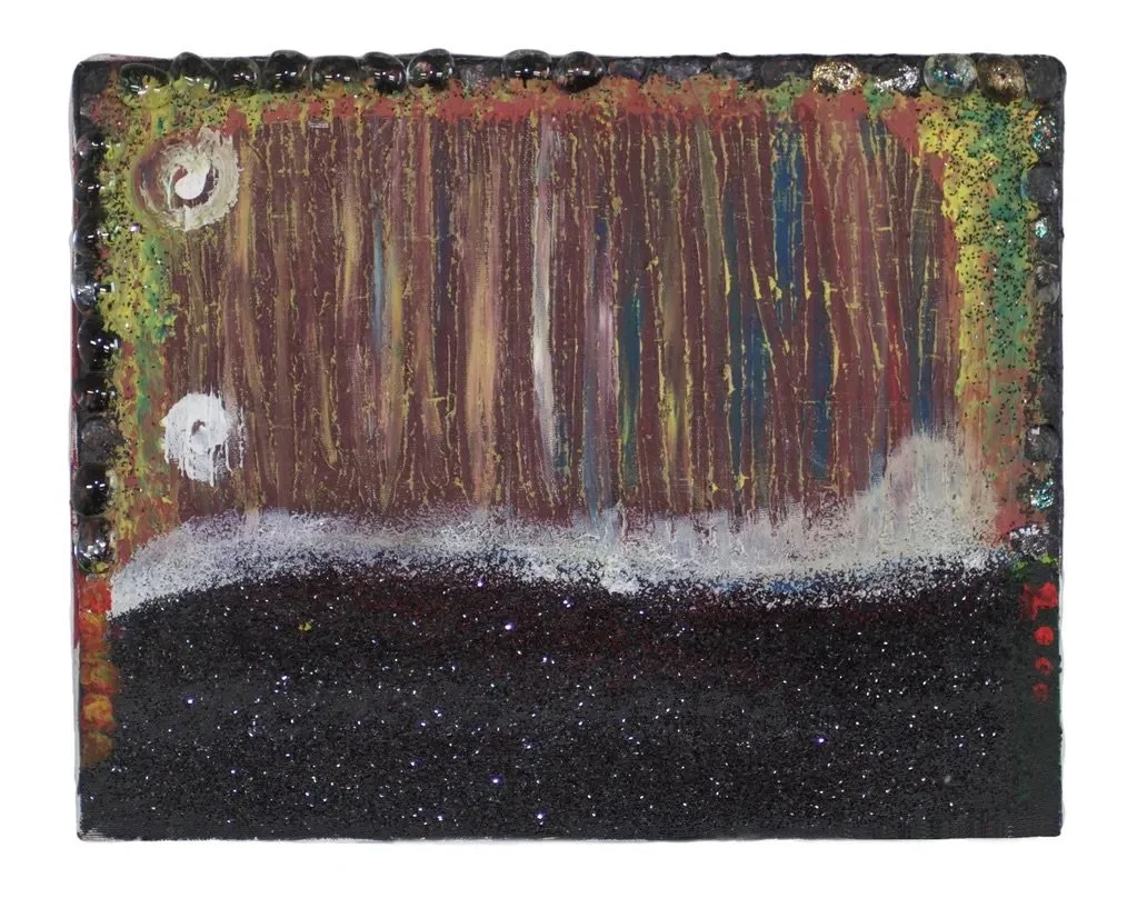 Sold: Bitumen

This 11" x 14" canvas, completed in 2000, showcases a captivating blend of acrylic paint, polished glass, and black enamel glitter. The dynamic interplay of textures evokes the depth and richness of tar-like bitumen, creating a visuall